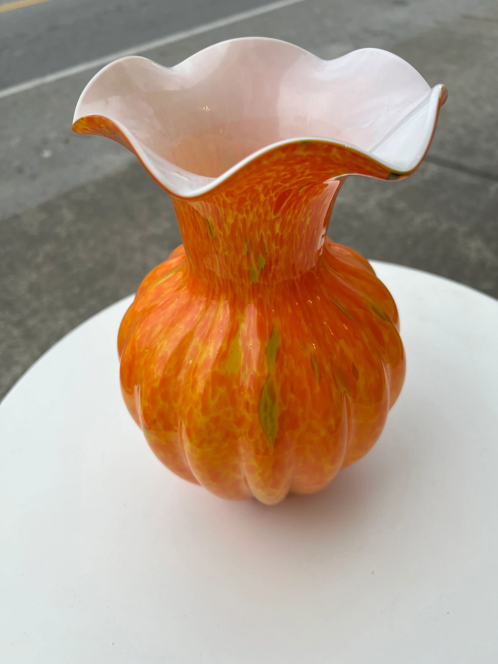 1970s Orange Art Glass Vase with Ruffle Edge Top - 3