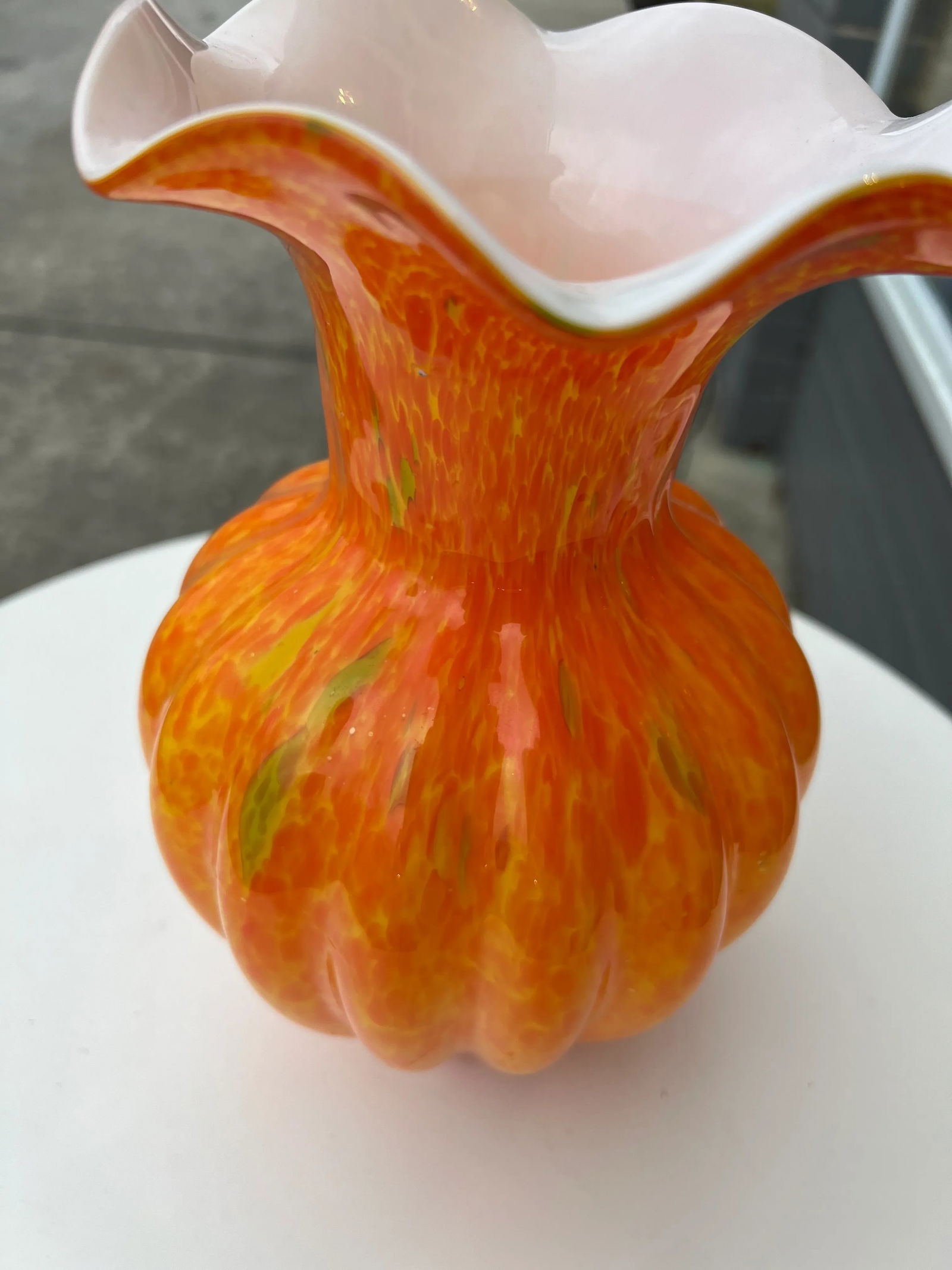 1970s Orange Art Glass Vase with Ruffle Edge Top - 5