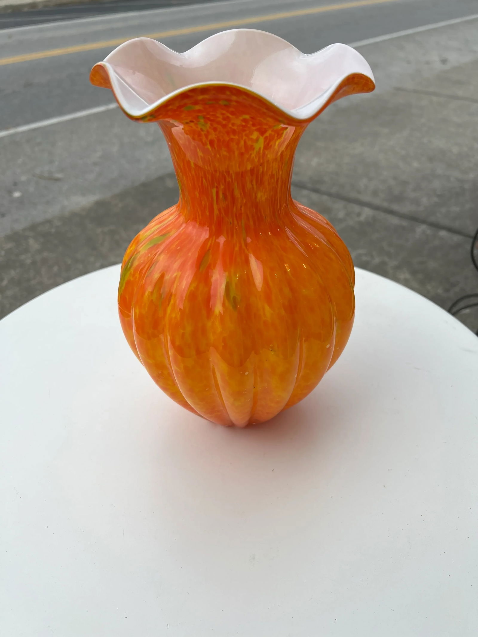 1970s Orange Art Glass Vase with Ruffle Edge Top - 6