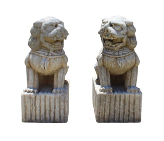 Chinese Distressed Marble Stone Fengshui Foo Dogs Statues - a Pair