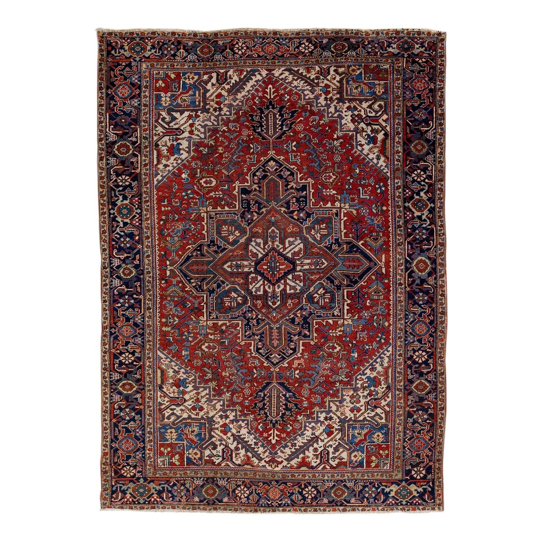 Antique Heriz Red Handmade Persian Wool Rug With Multicolor Medallion Design: Beautiful antique Heriz hand-knotted wool rug with a red color field. This Persian rug has multicolor accents in a gorgeous all-over medallion floral motif. This rug measures: 8'2" x 11'4". 