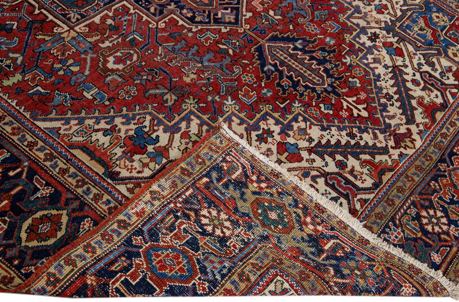 Antique Heriz Red Handmade Persian Wool Rug With Multicolor Medallion Design - 2