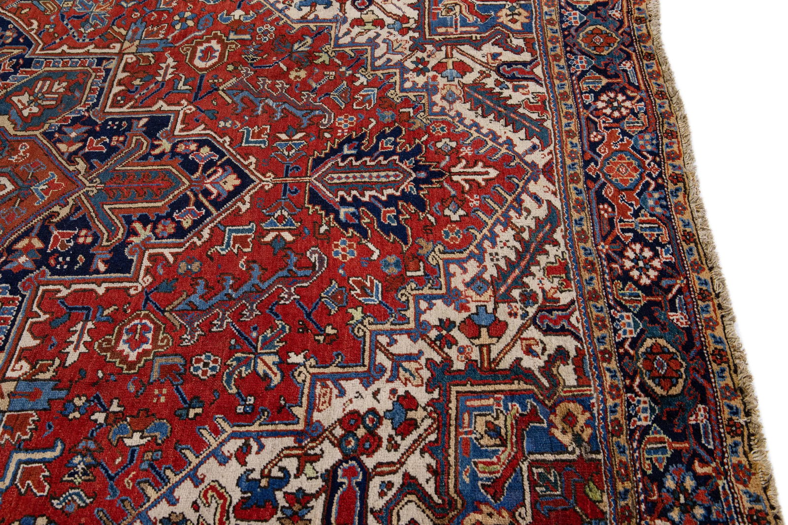Antique Heriz Red Handmade Persian Wool Rug With Multicolor Medallion Design - 6