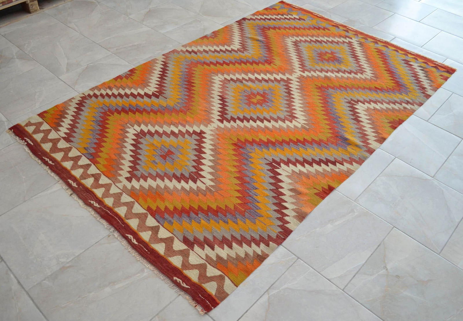 Handmade Turkish Kilim Rug Diamond Pattern Area Rug - 4'9" X 7'7" - 16