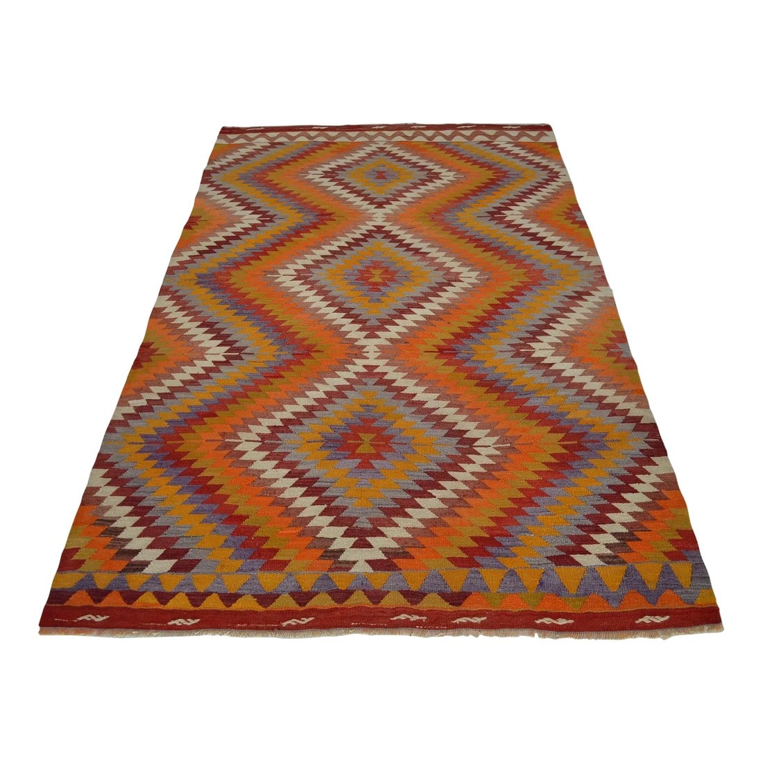 Handmade Turkish Kilim Rug Diamond Pattern Area Rug - 4'9" X 7'7": Step back in time with this exceptional Vintage Turkish Kilim, handwoven by the Antalya Barak Nomads in the 1960s. This striking 4 ft 9 in x 7 ft 7 in (145 x 230 cm) flat weave textile is a testament