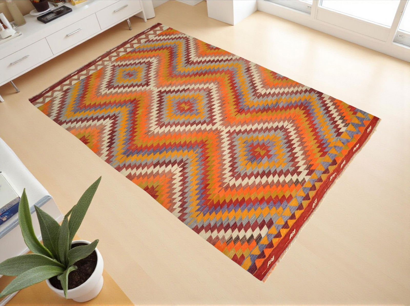 Handmade Turkish Kilim Rug Diamond Pattern Area Rug - 4'9" X 7'7" - 2