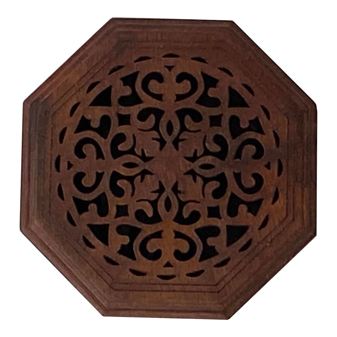 Small Brown Wood Octagonal Carving Storage Accent Box: This is a small octagonal wooden box with a lid. The top is showing off the beautiful wood pattern with open carving. It may have a worn-out patina and wood crack marks. Magic dots are used. Dimension