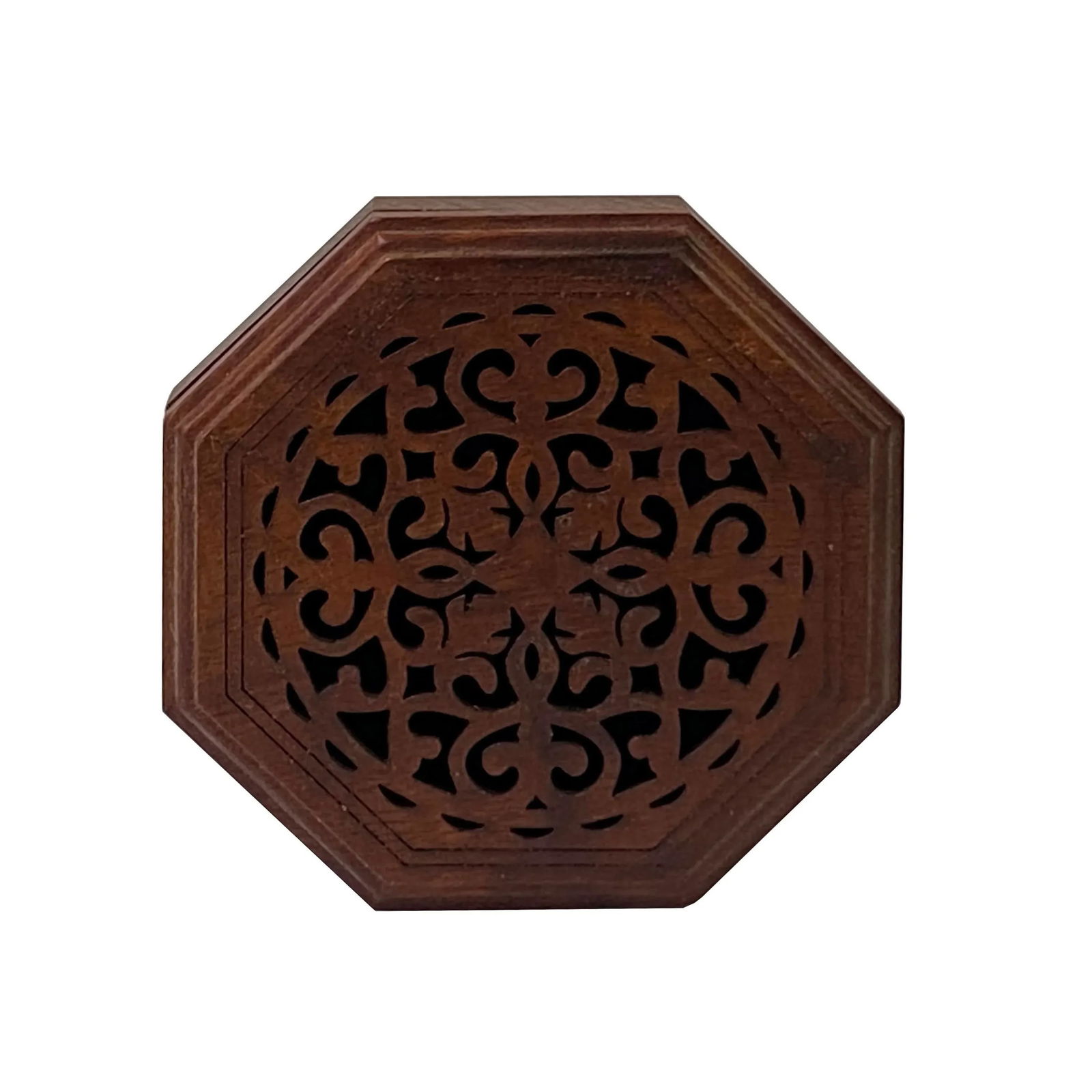 Small Brown Wood Octagonal Carving Storage Accent Box - 2
