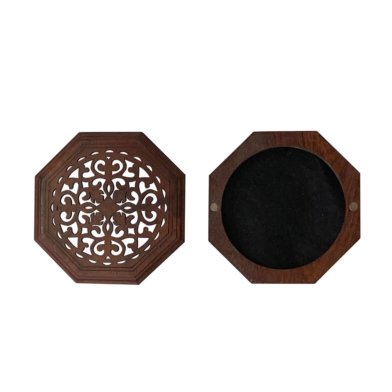 Small Brown Wood Octagonal Carving Storage Accent Box - 3