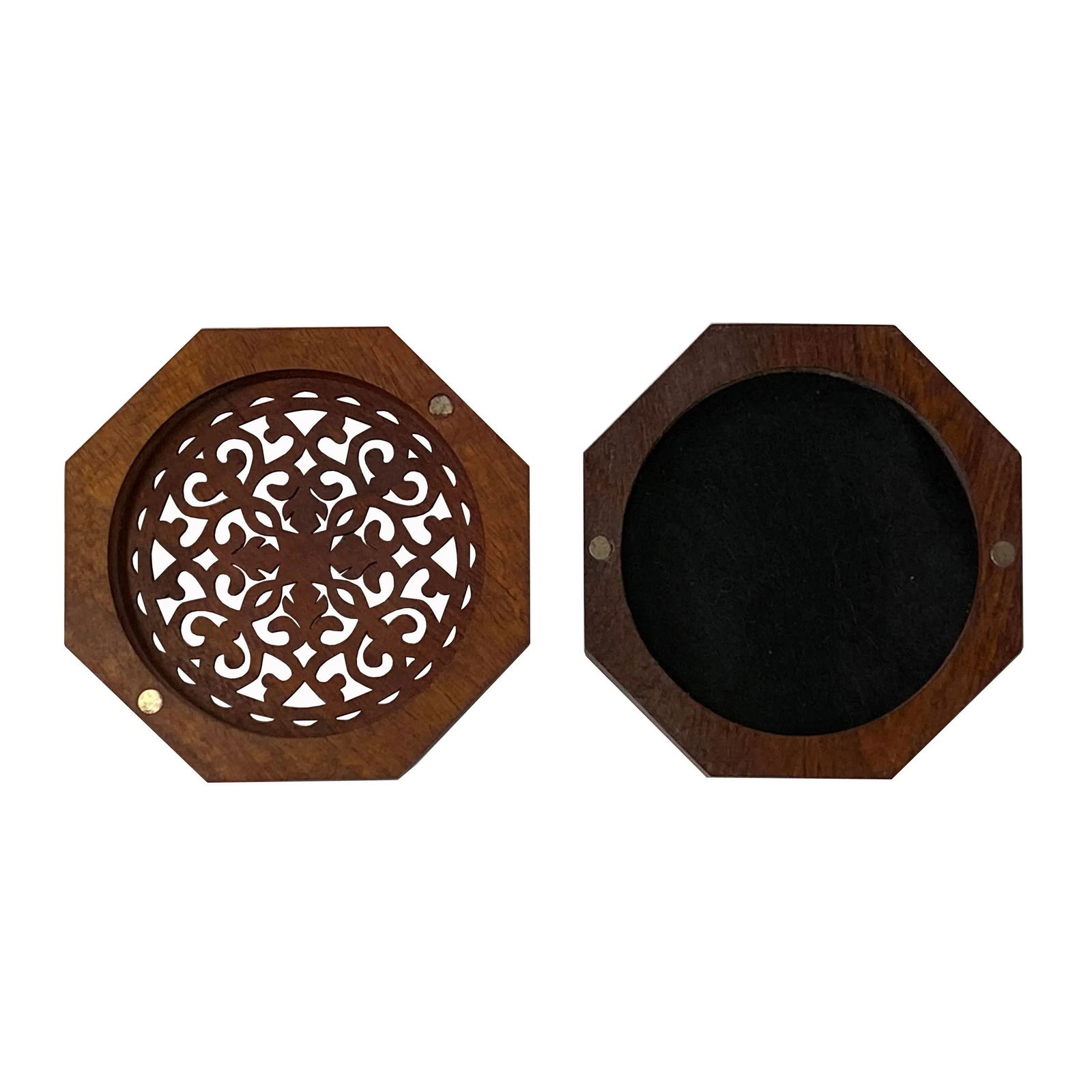 Small Brown Wood Octagonal Carving Storage Accent Box - 4