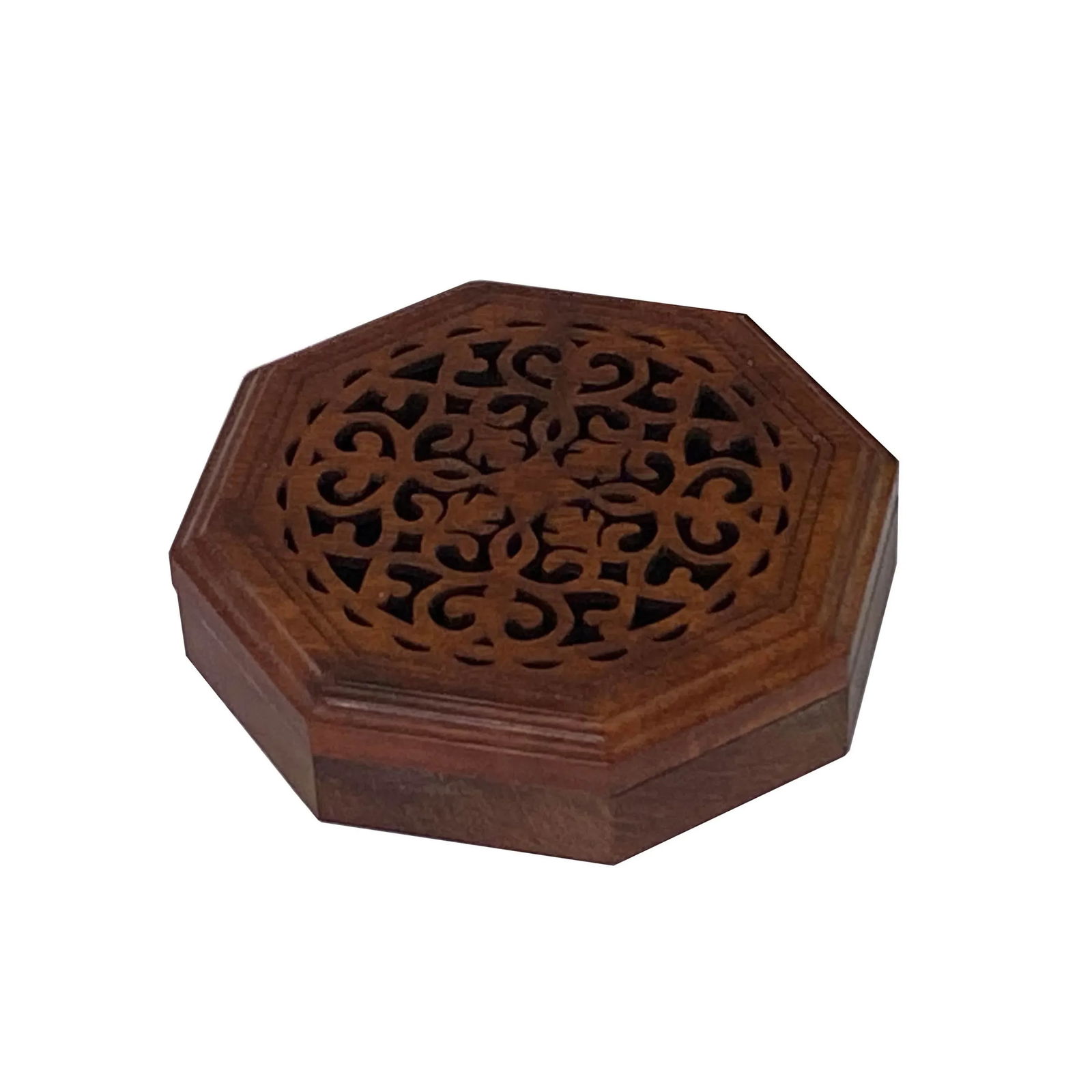 Small Brown Wood Octagonal Carving Storage Accent Box - 5