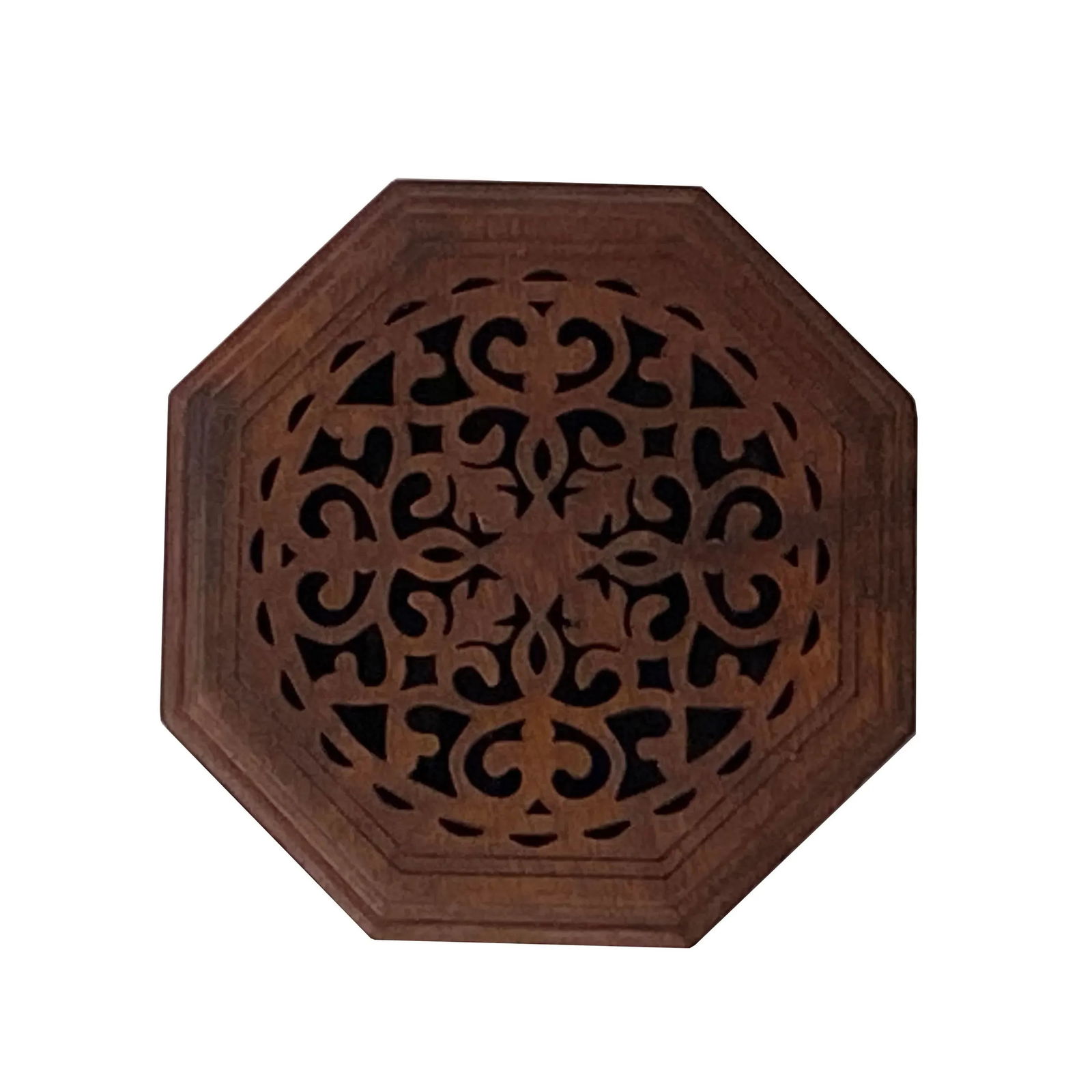 Small Brown Wood Octagonal Carving Storage Accent Box - 7