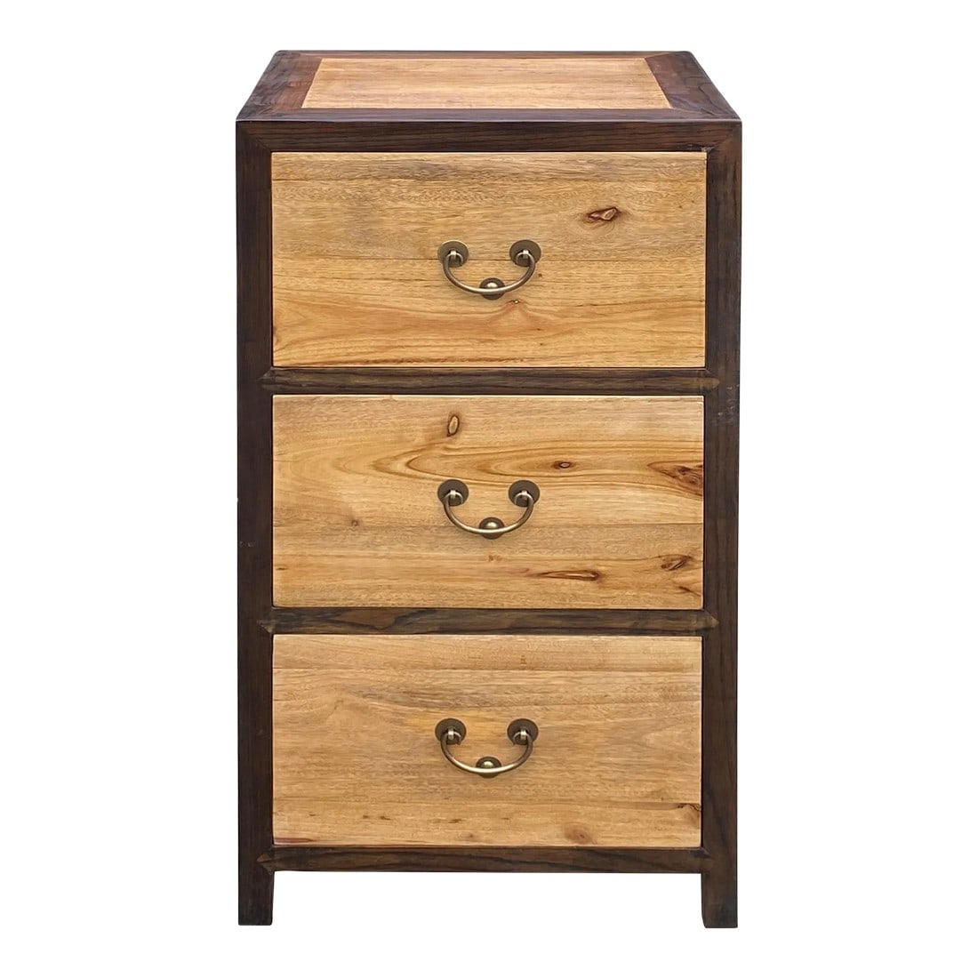 Oriental Brown Stain 3 Drawers End Table Nightstand Cabinet: This is a handmade Chinese oriental end table nightstand with 3 drawers. The surface is finished with a light brown stain showing natural wood grain pattern Dimensions: w18.75" x d15.75"x h35", inside
