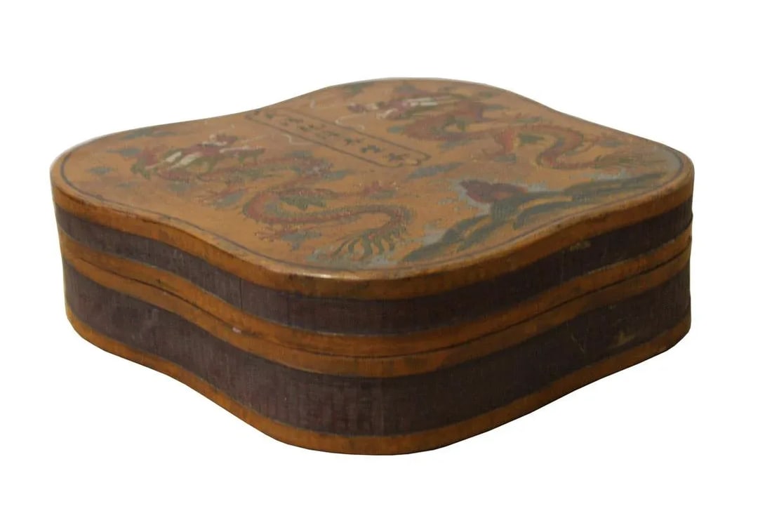 Chinese Yellow Brown Lacquer Color Dragons Scenery Painting Box - 2