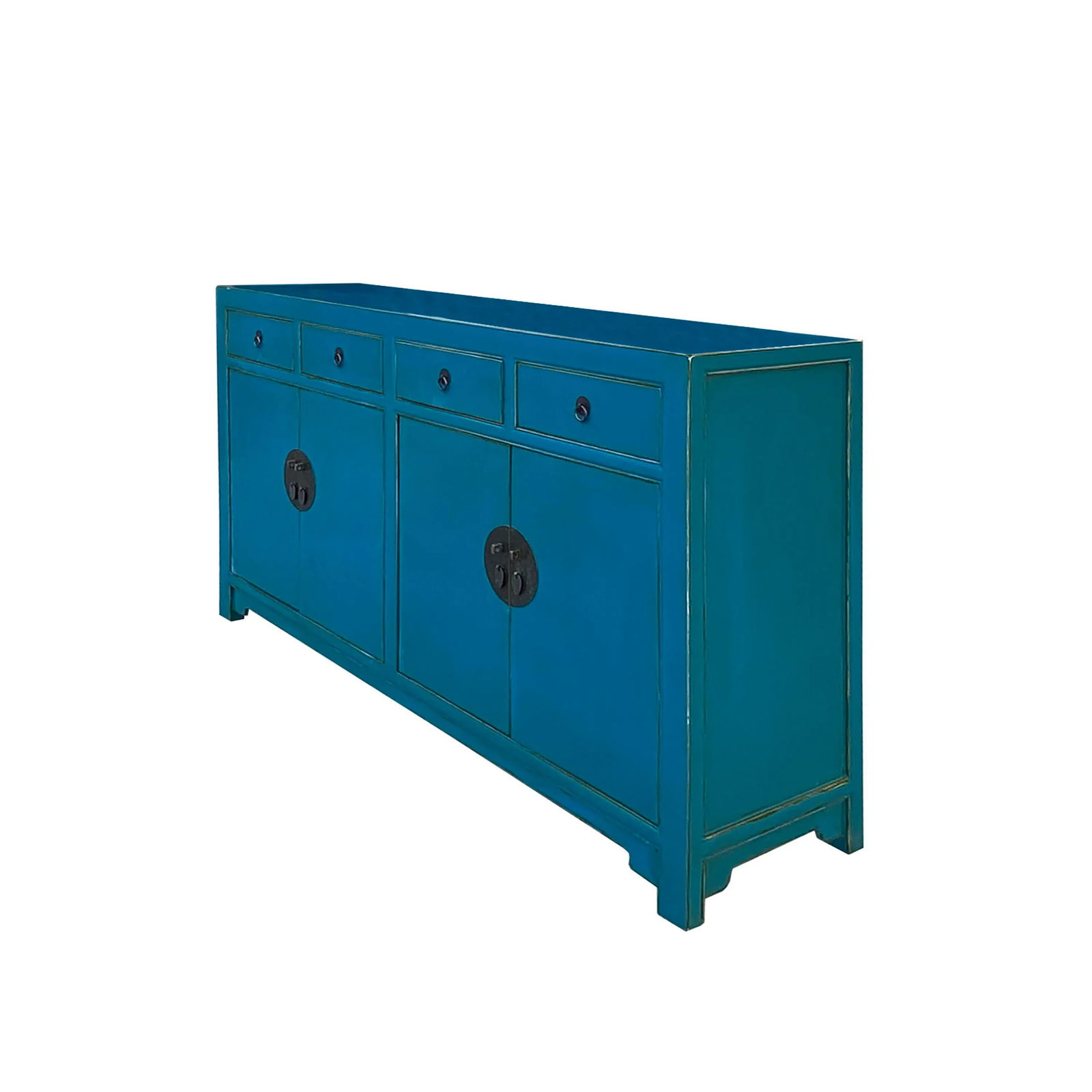 Chinese Oriental Dark Cerulean Blue 4 Drawers Sideboard Buffet Table Cabinet - 4