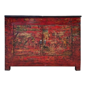 Chinese Vintage Brick Red Distressed Flower Graphic Side Table Cabinet