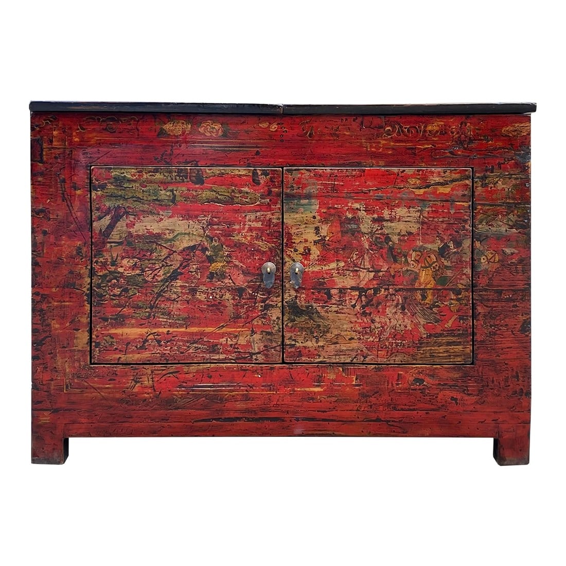 Chinese Vintage Brick Red Distressed Flower Graphic Side Table Cabinet: The is a vintage old-style oriental cabinet with top opening lids. The front is in distressed brick red base rustic floral graphic. Dimensions: w48" x d18" x h34.5" , inside w45" x d13"x h19" 