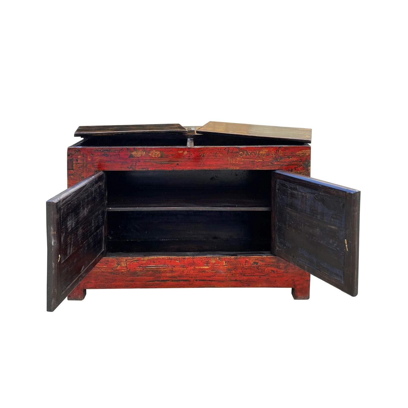 Chinese Vintage Brick Red Distressed Flower Graphic Side Table Cabinet - 3