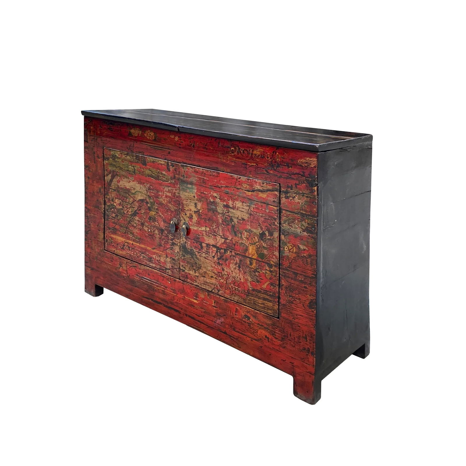 Chinese Vintage Brick Red Distressed Flower Graphic Side Table Cabinet - 4