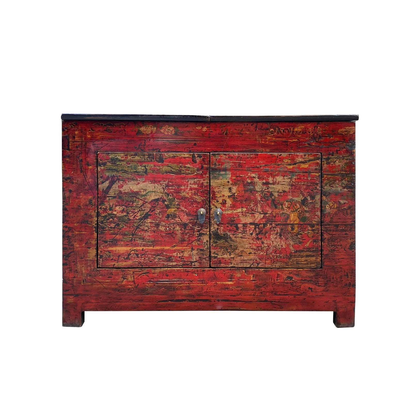 Chinese Vintage Brick Red Distressed Flower Graphic Side Table Cabinet - 6