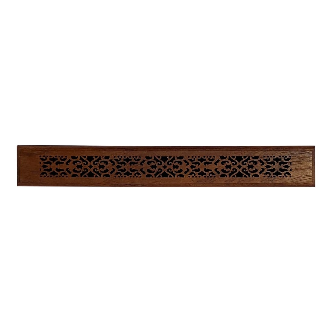 Small Narrow Brown Wood Rectangular Carving Storage Accent Box: This is a small long narrow wooden box with a lid. The top is showing off the beautiful wood pattern with open carving. It may have a worn-out patina and wood crack marks. Magic dots are used. 