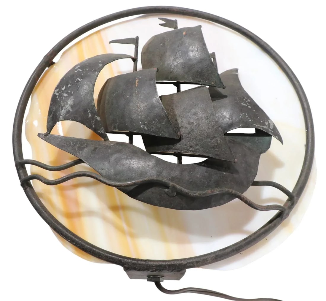 Arts and Crafts Wrought Iron and Slag Glass Sconce - 2