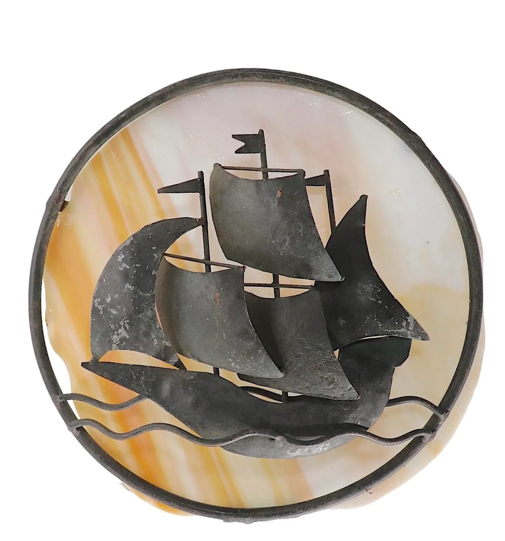 Arts and Crafts Wrought Iron and Slag Glass Sconce - 3