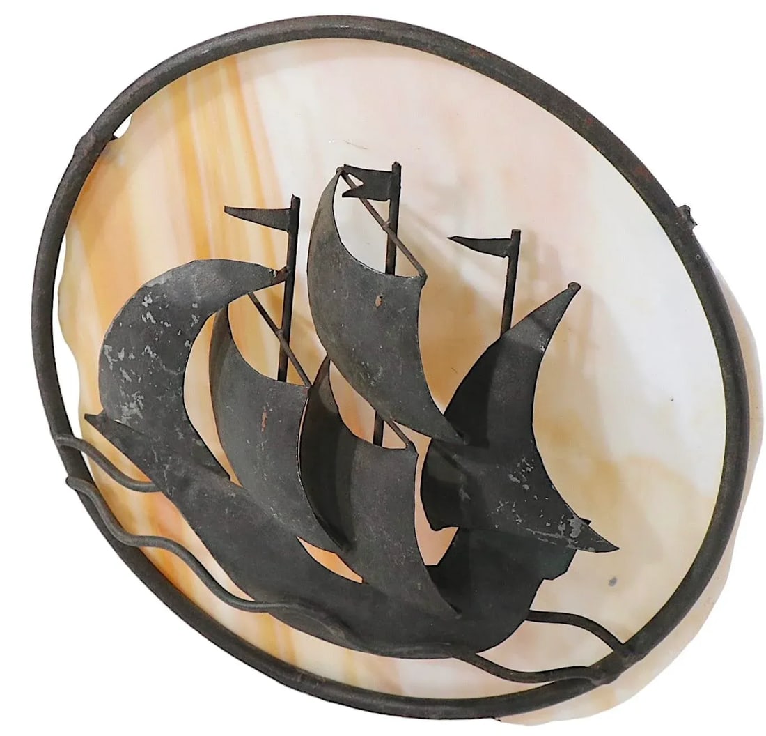 Arts and Crafts Wrought Iron and Slag Glass Sconce - 5