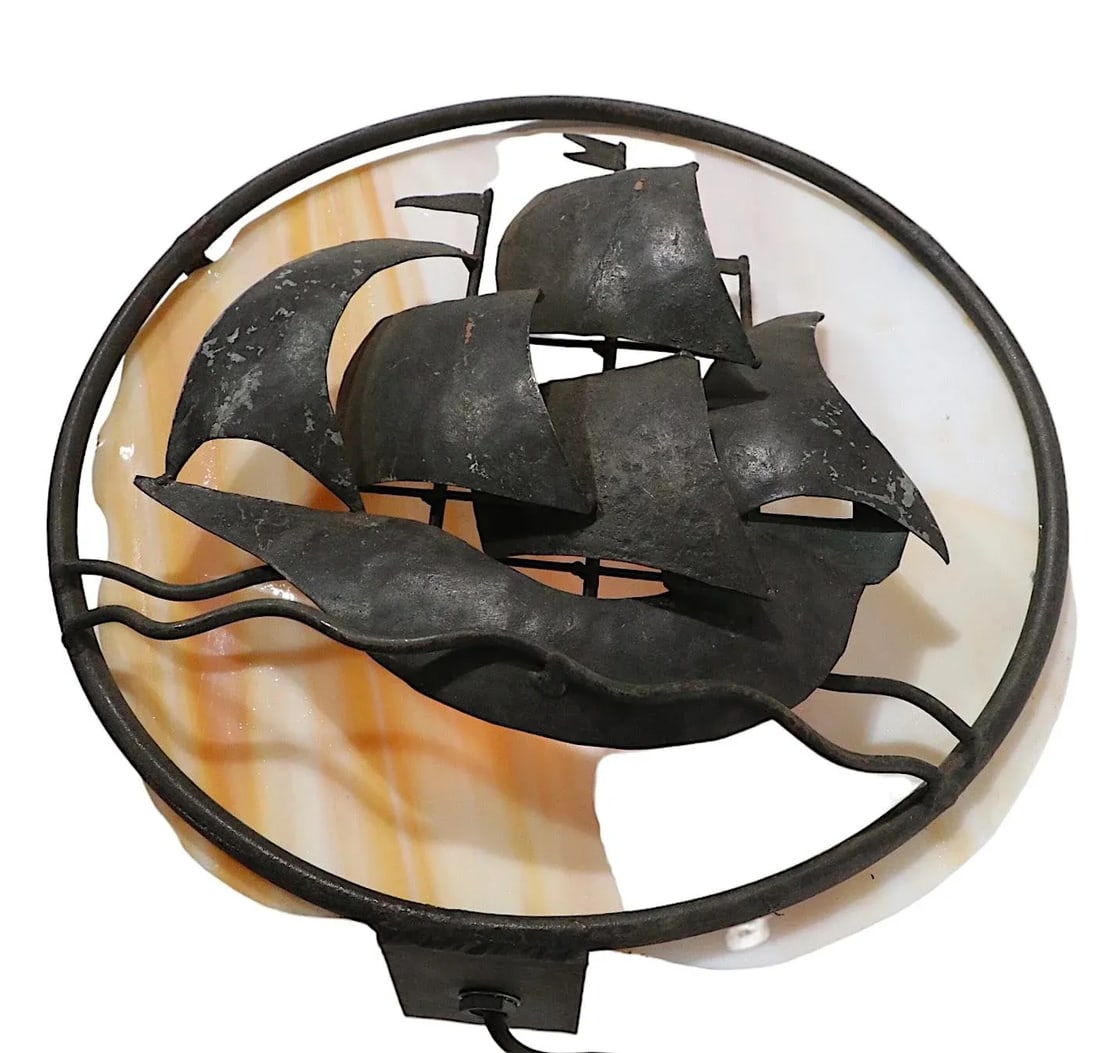 Arts and Crafts Wrought Iron and Slag Glass Sconce - 6