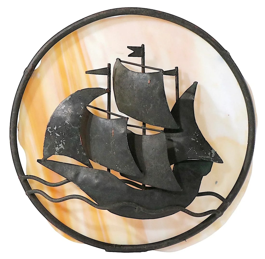 Arts and Crafts Wrought Iron and Slag Glass Sconce - 8