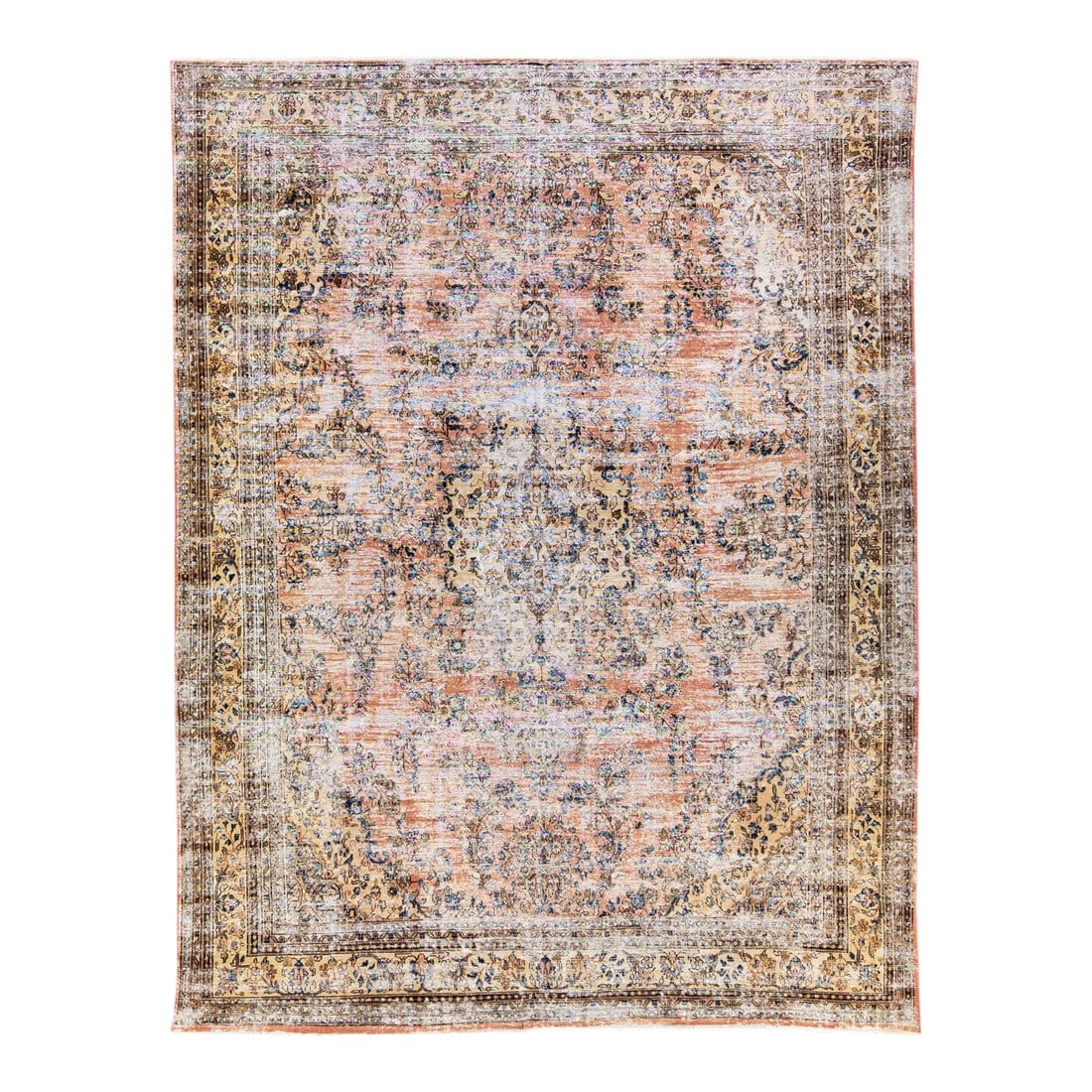 Peach Vintage Persian Handmade Geometric Wool Rug: Beautiful Vintage Persian distressed hand-knotted wool rug with a peach color field. This Persian rug has a beige frame and multicolor accents in an all-over geometric design. This rug measures: