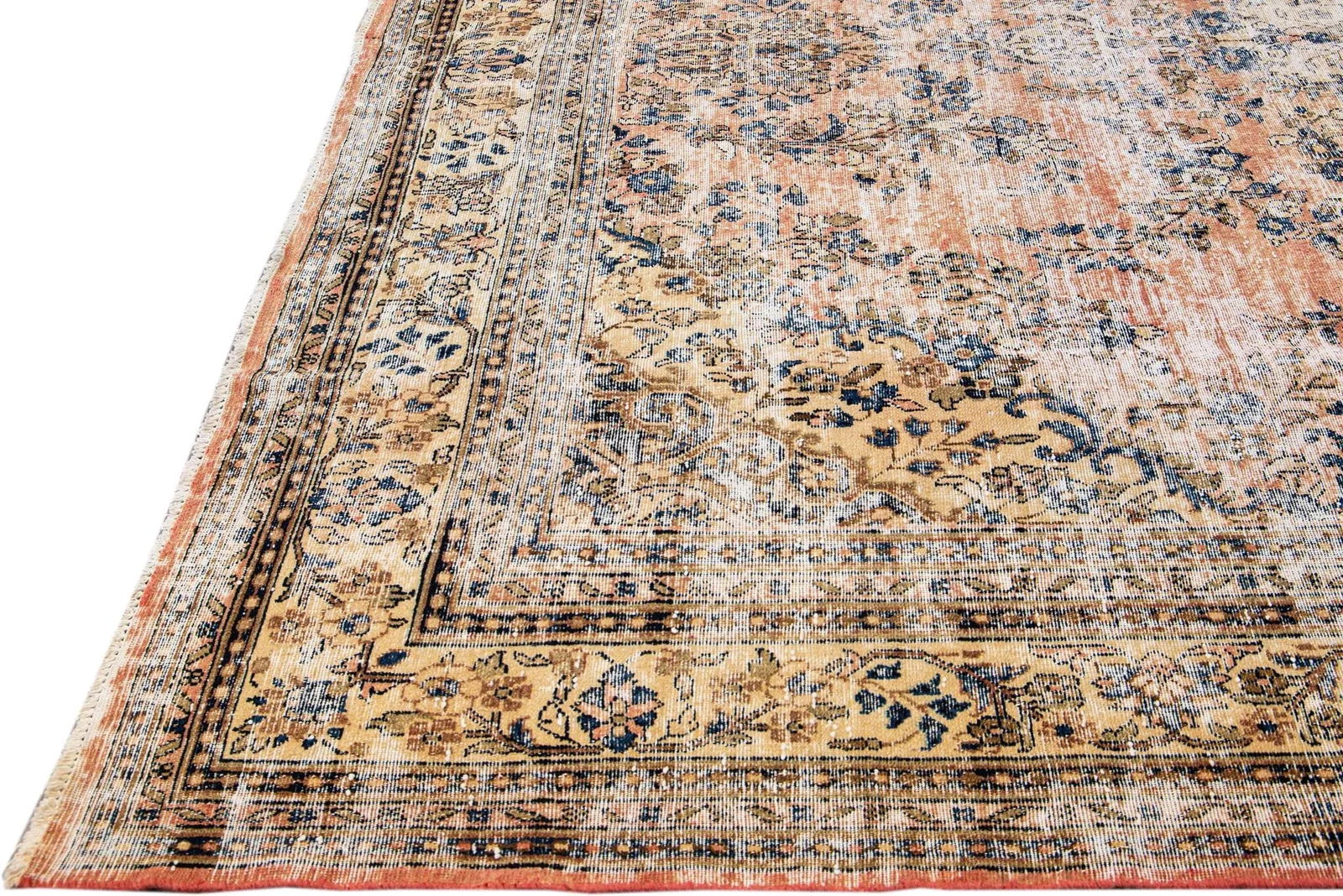 Peach Vintage Persian Handmade Geometric Wool Rug - 4