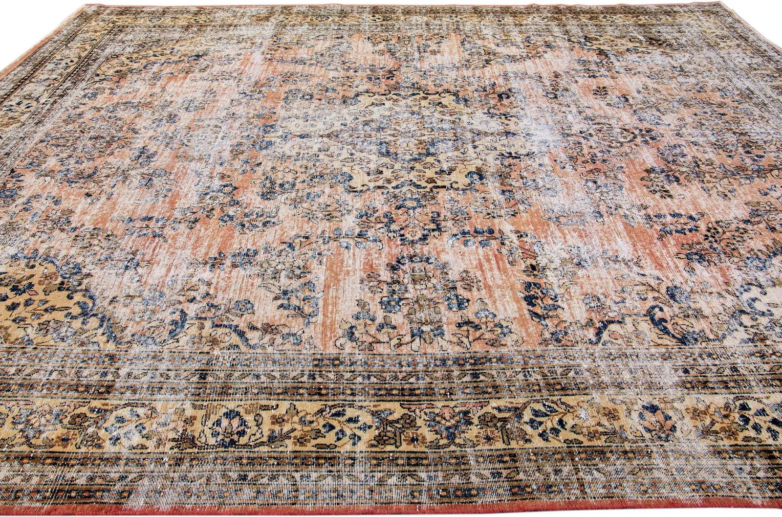 Peach Vintage Persian Handmade Geometric Wool Rug - 5