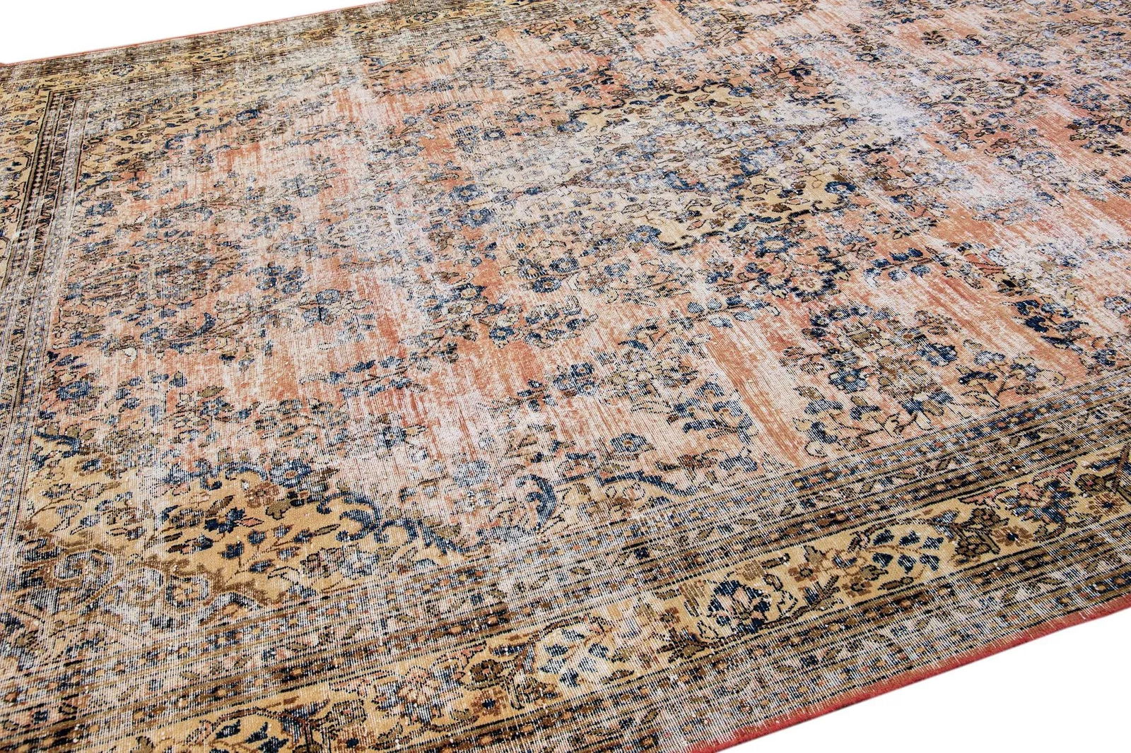 Peach Vintage Persian Handmade Geometric Wool Rug - 6