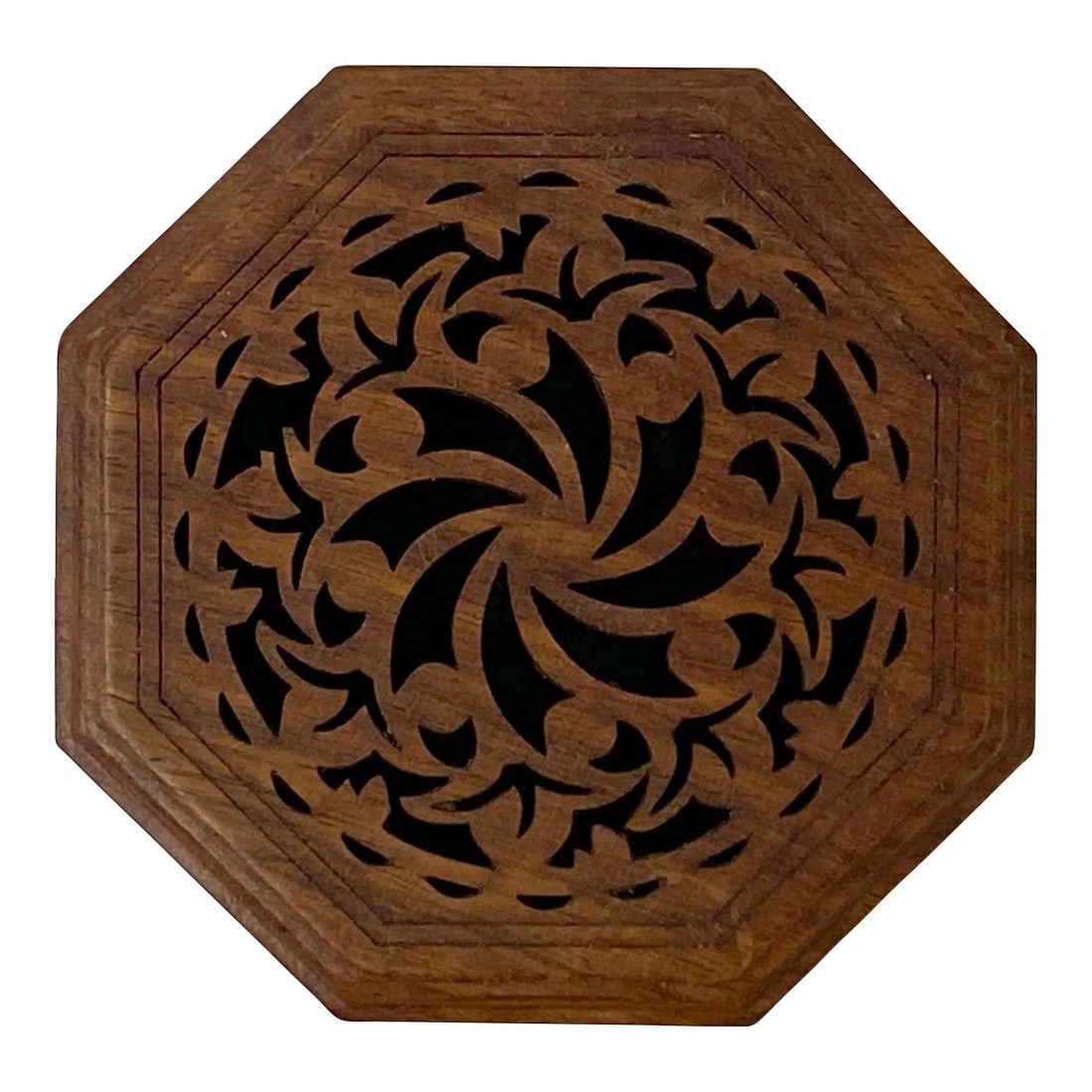 Small Brown Wood Octagonal Carving Storage Accent Box: This is a small octagonal wooden box with a lid. The top is showing off the beautiful wood pattern with open carving. It may have a worn-out patina and wood crack marks. Magic dots are used. 