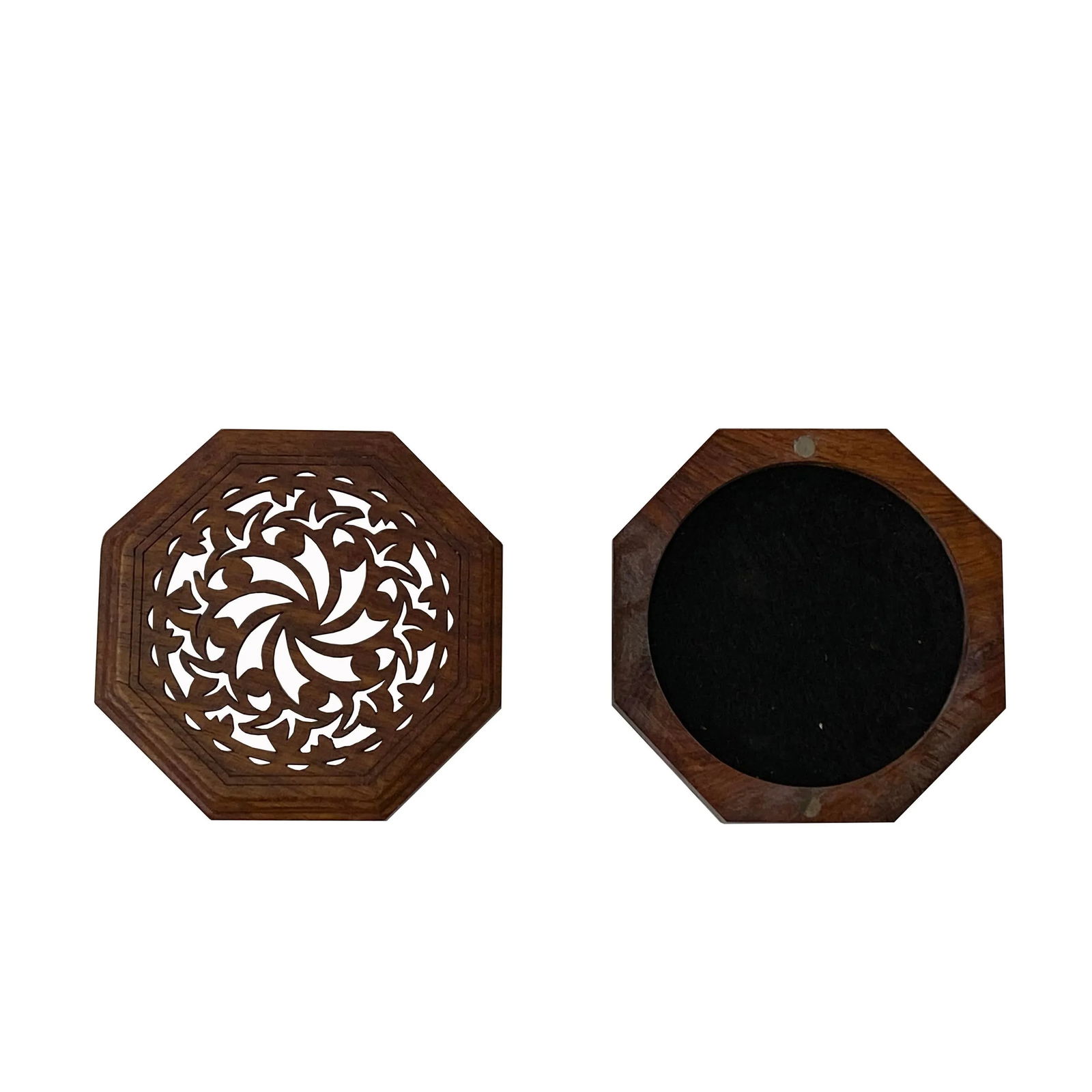 Small Brown Wood Octagonal Carving Storage Accent Box - 2
