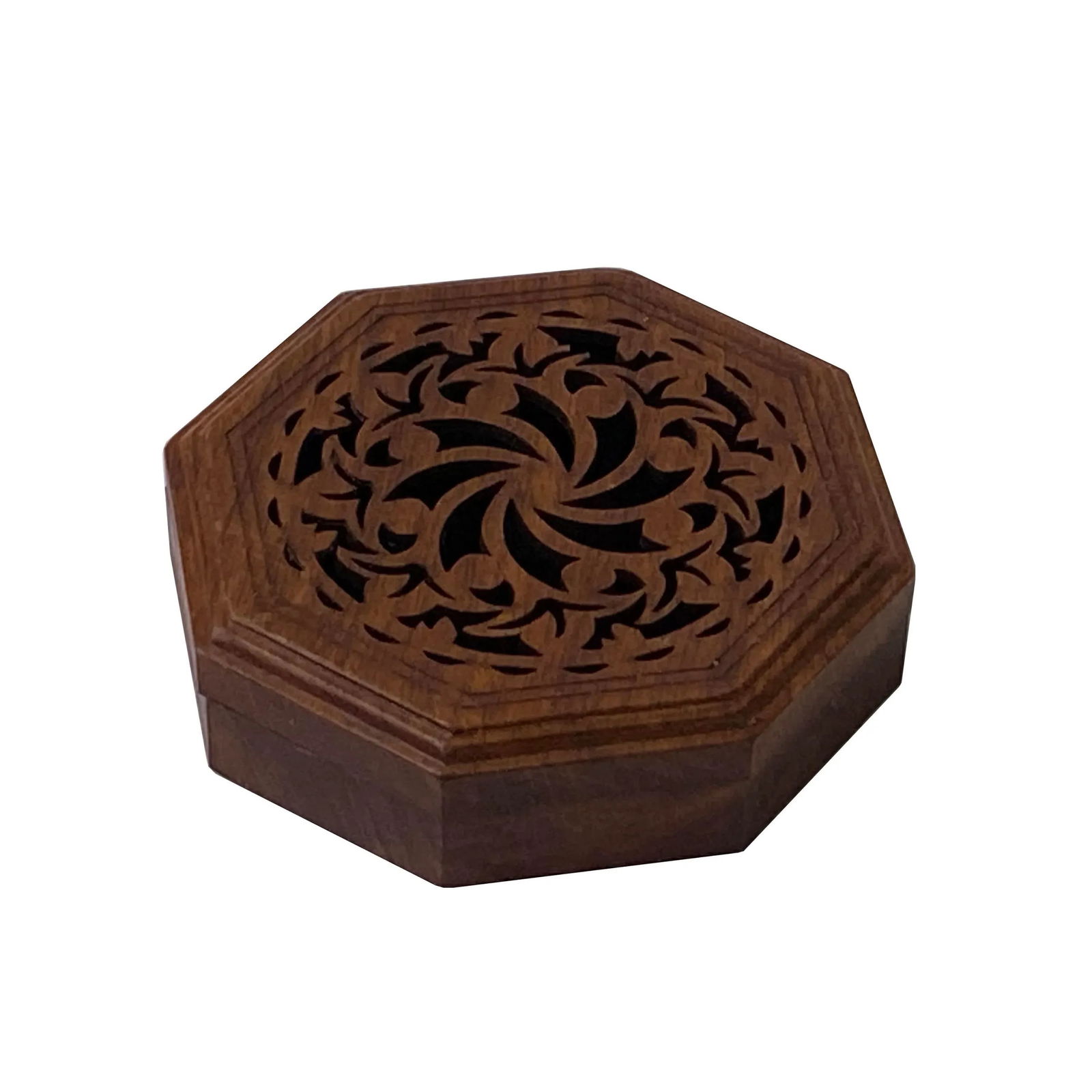 Small Brown Wood Octagonal Carving Storage Accent Box - 3