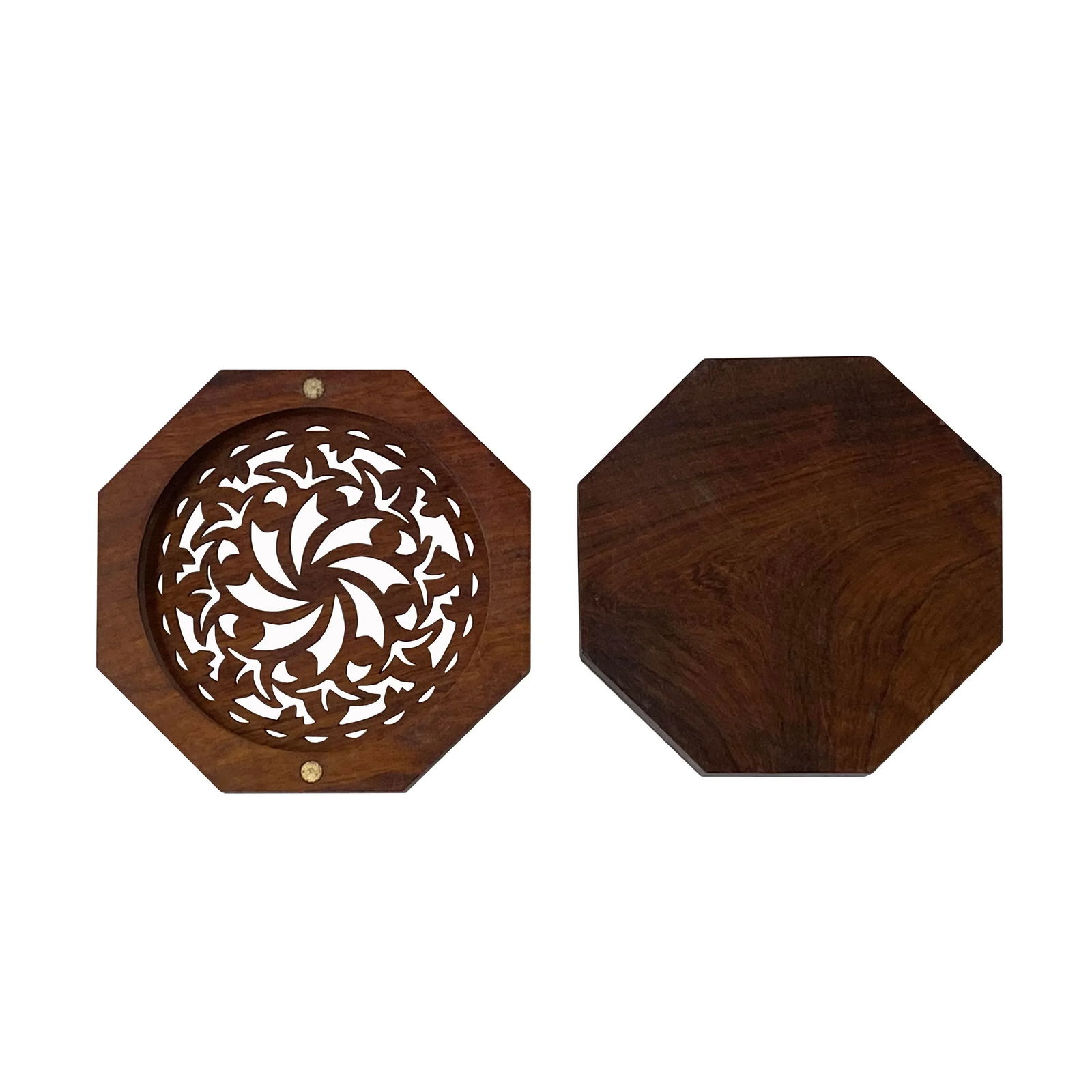 Small Brown Wood Octagonal Carving Storage Accent Box - 4