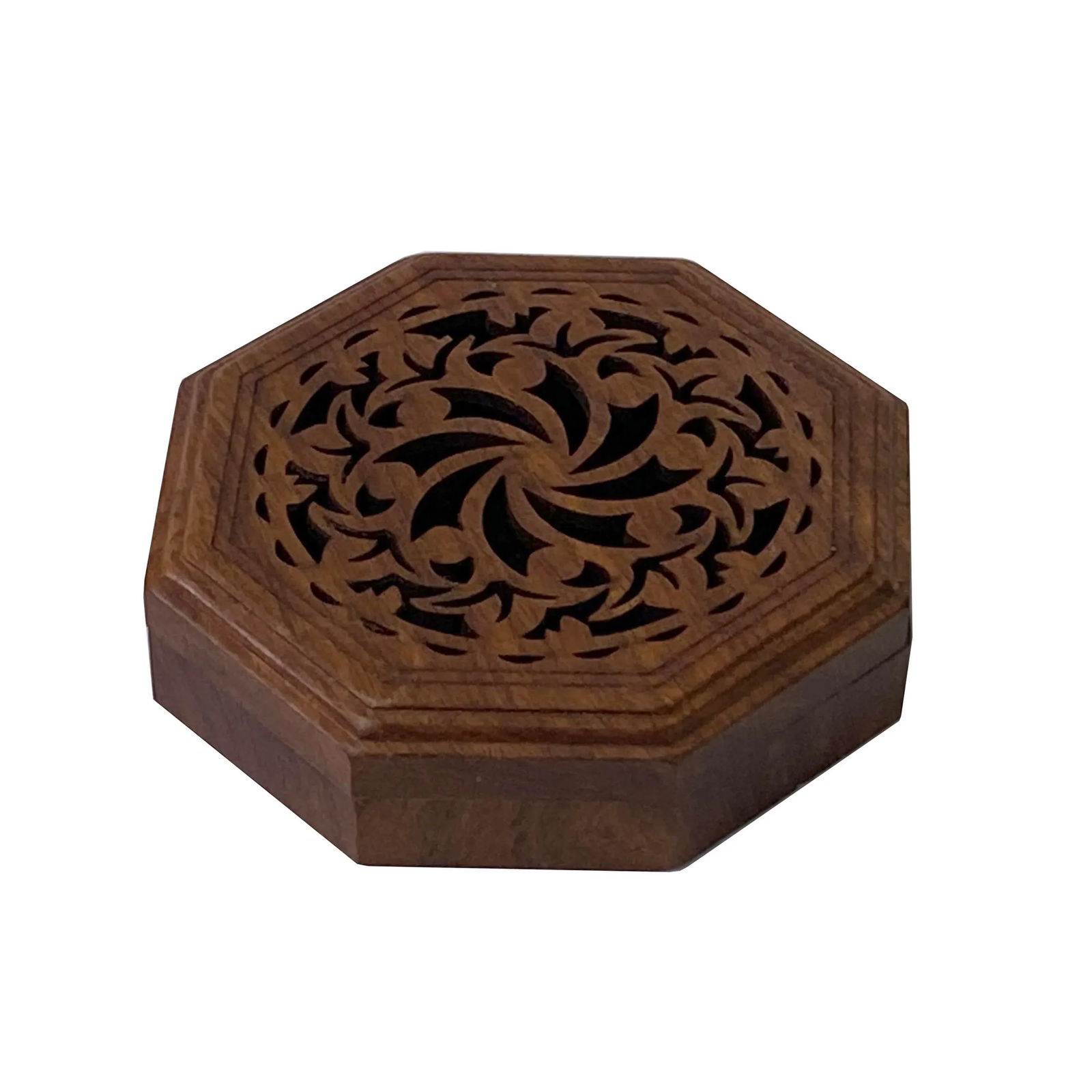 Small Brown Wood Octagonal Carving Storage Accent Box - 5