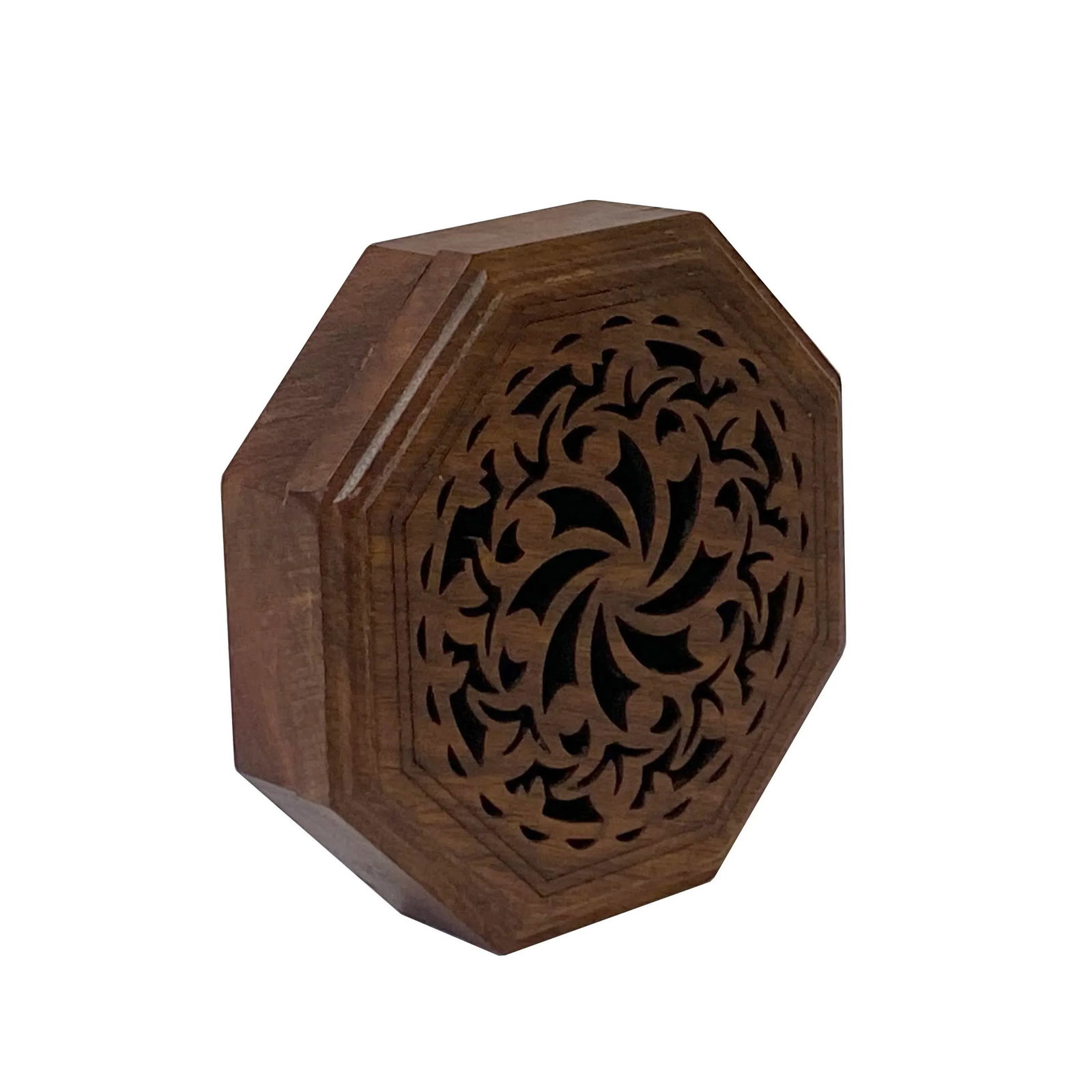 Small Brown Wood Octagonal Carving Storage Accent Box - 6