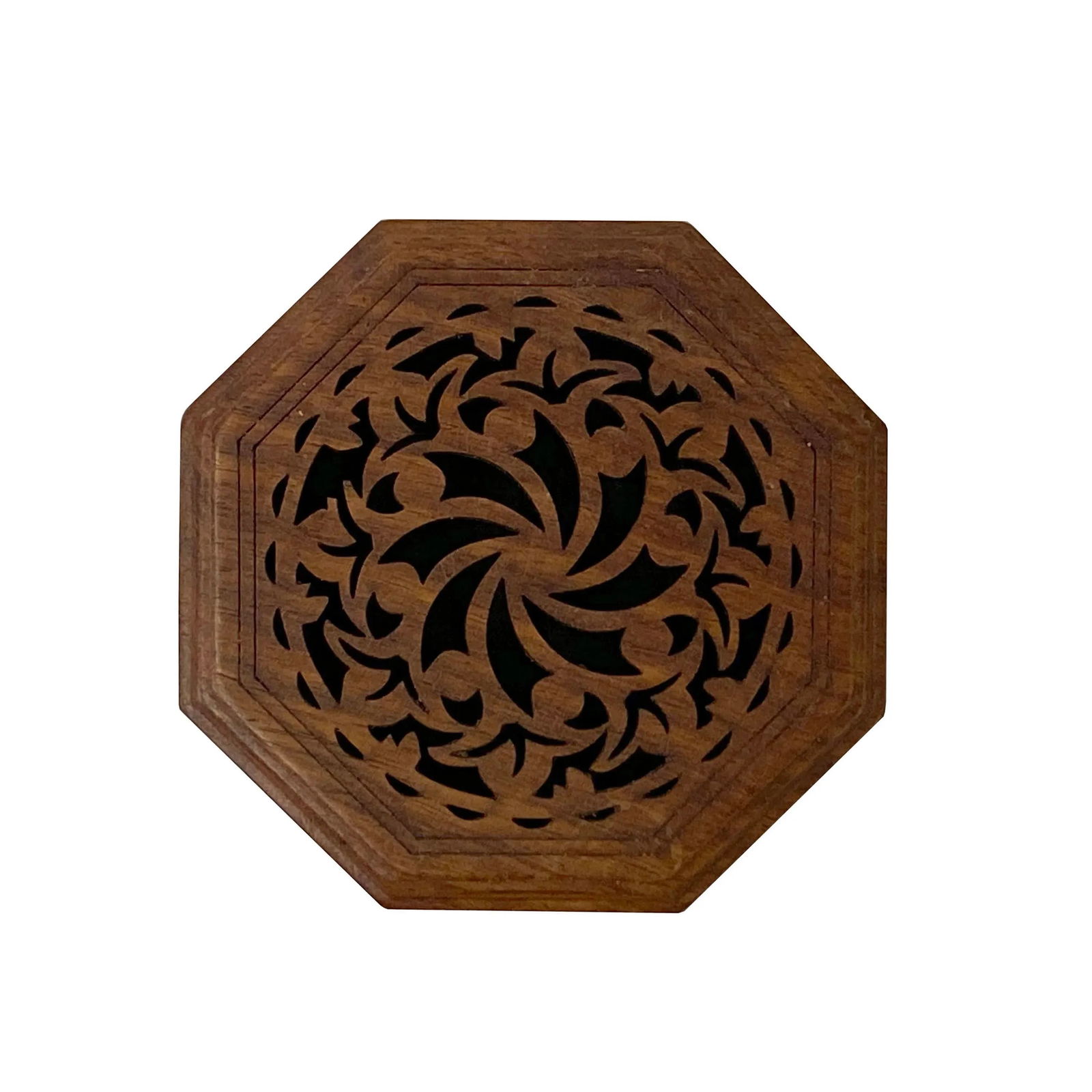 Small Brown Wood Octagonal Carving Storage Accent Box - 7