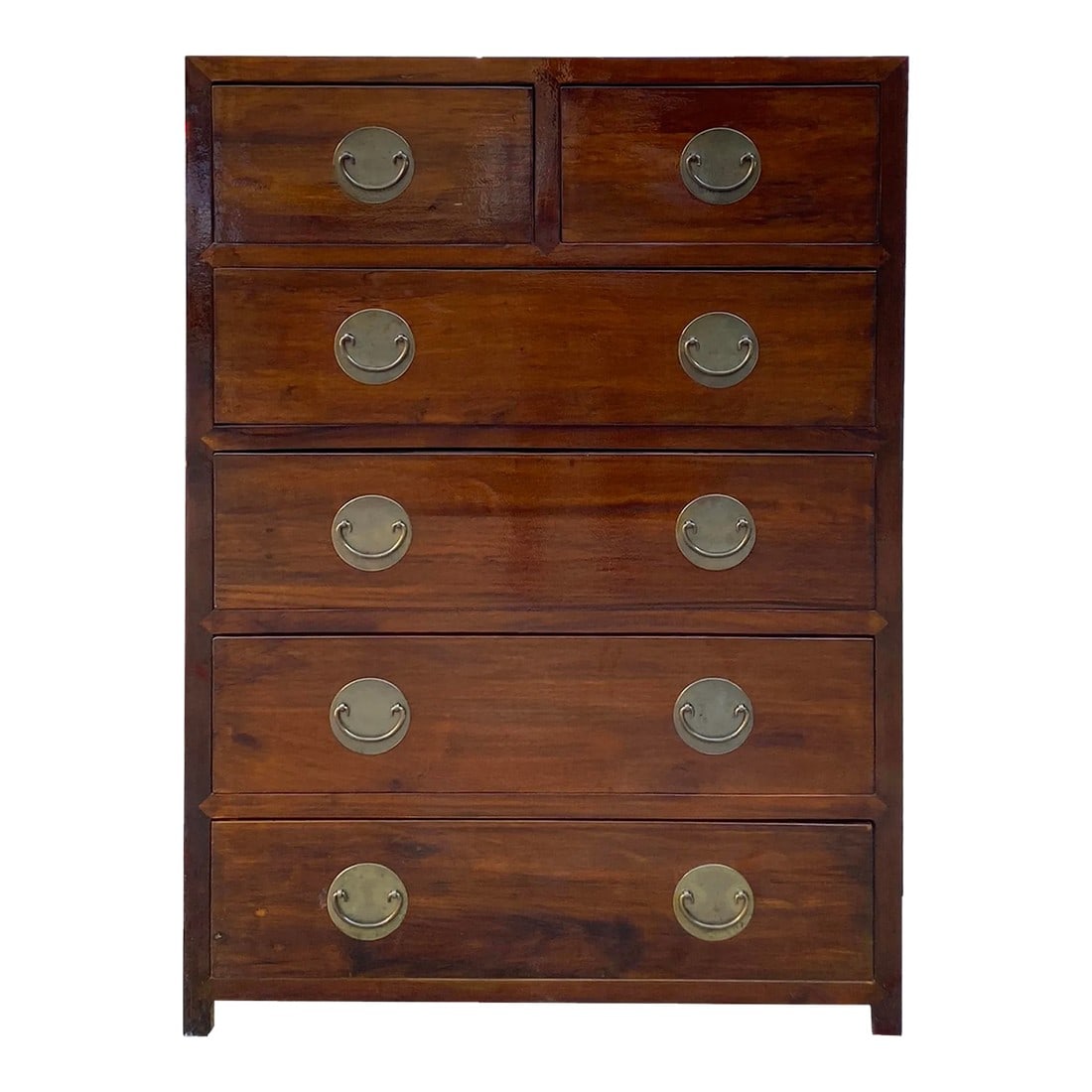 Chinese Oriental Medium Brown Moon Face Dresser Storage Cabinet: This is an oriental simple dresser with a gloss surface and medium brown stain showing natural wood grain pattern. Each drawer is decorated with round moon-face hardware Dimensions: w34.5" x d19"x