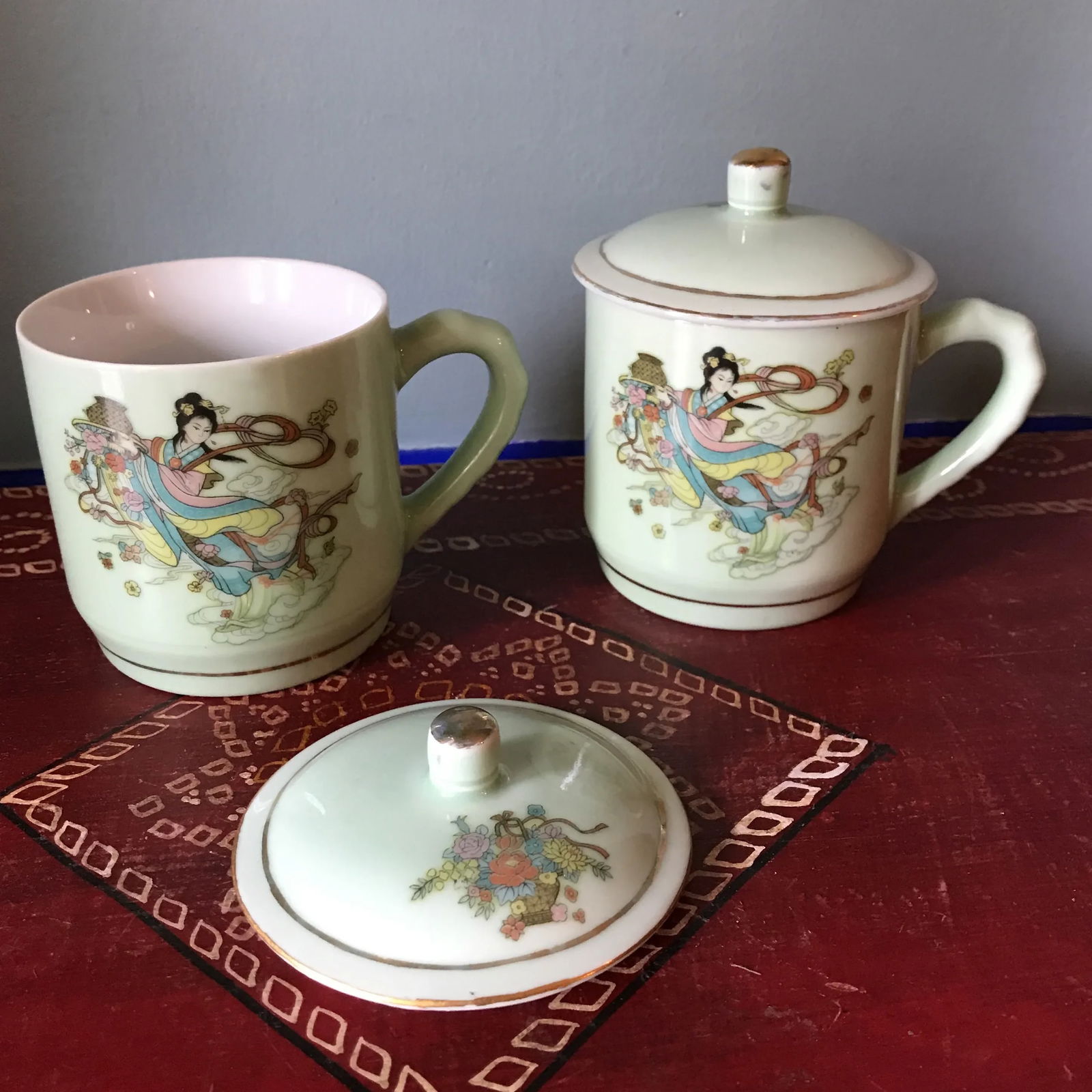 Green Chinoiserie Bamboo Handle Tea Cups - 6