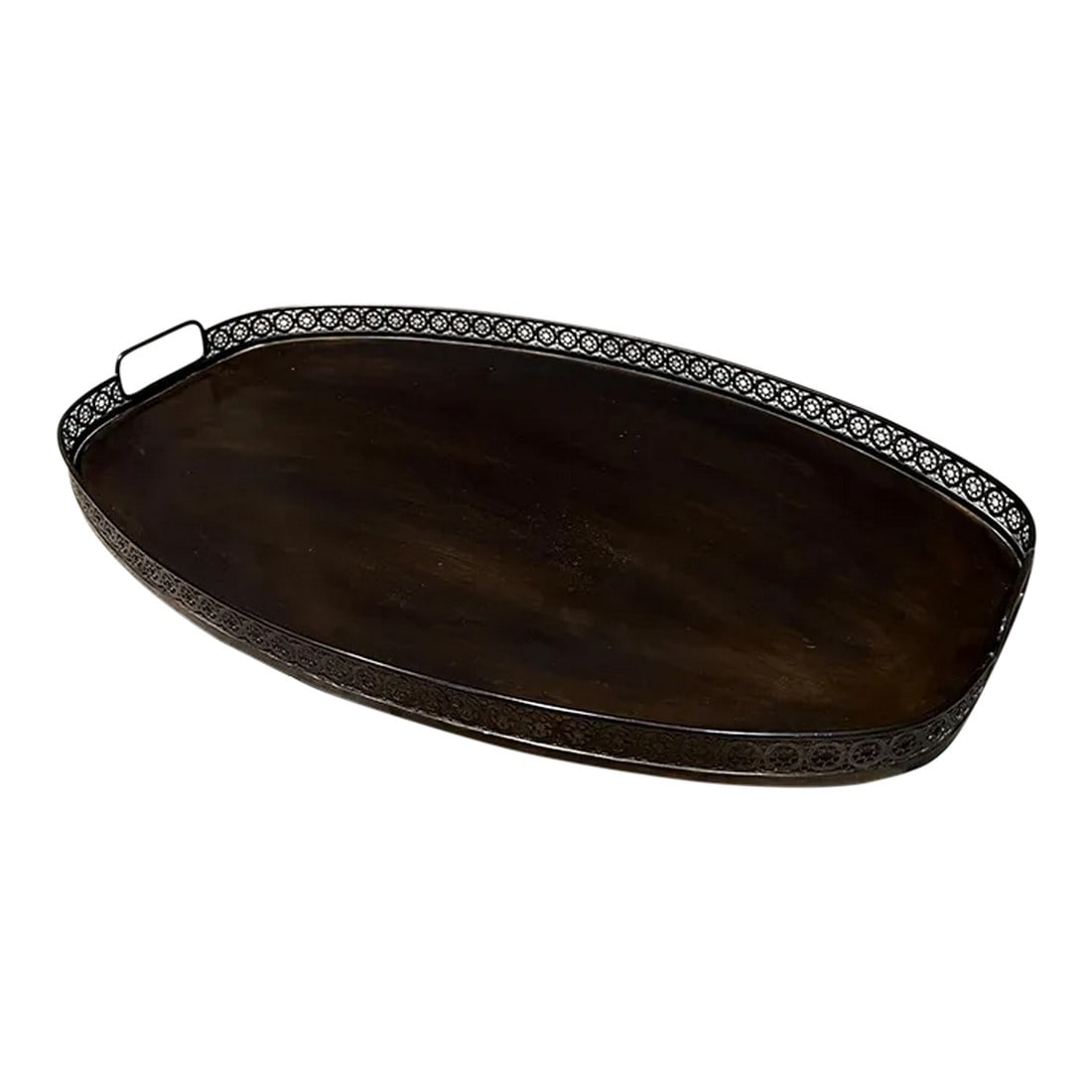 1950s Italian Service Tray Oval Patinated Brass Italy: AMBIANIC presents Italian service tray in patinated brass. Oval shape with handles. Lovely decorative trim 2 tall x 23 w x 14.75 d Stamped MADE IN ITALY Preowned original vintage condition. See