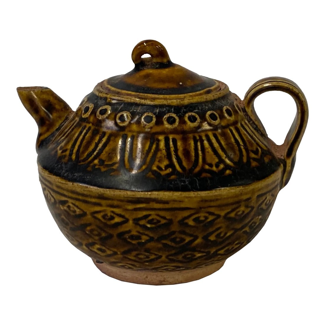 Chinese Ware Brown Glaze Pattern Ceramic Jar Vase Display Art: This is a handmade Chinese accent decorative art made of ceramic in brown beige tan mix color with simple lines patterns. Dimensions: 4.75" x d4" x h4.5" Origin: China Material: Ceramic Condition: