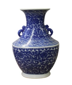 Chinese Blue White Porcelain Scroll Pattern Graphic Wide Body Vase