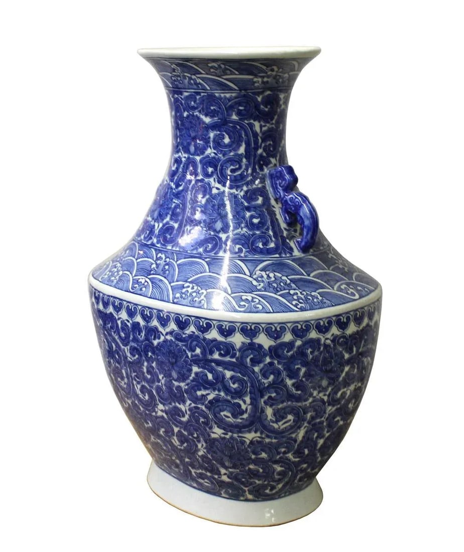 Chinese Blue White Porcelain Scroll Pattern Graphic Wide Body Vase - 2