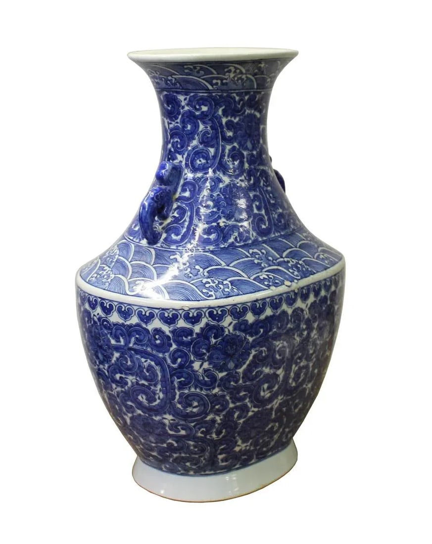 Chinese Blue White Porcelain Scroll Pattern Graphic Wide Body Vase - 3