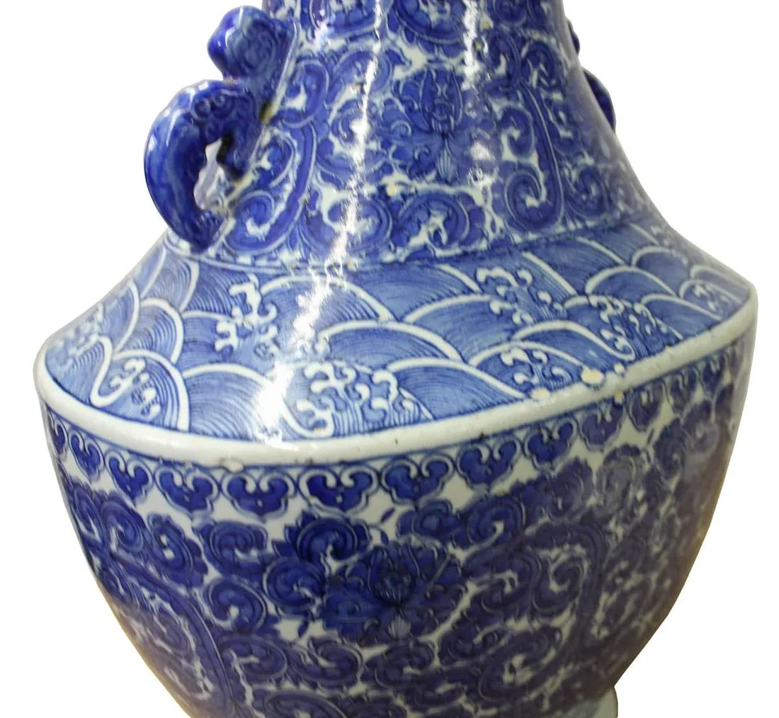 Chinese Blue White Porcelain Scroll Pattern Graphic Wide Body Vase - 4