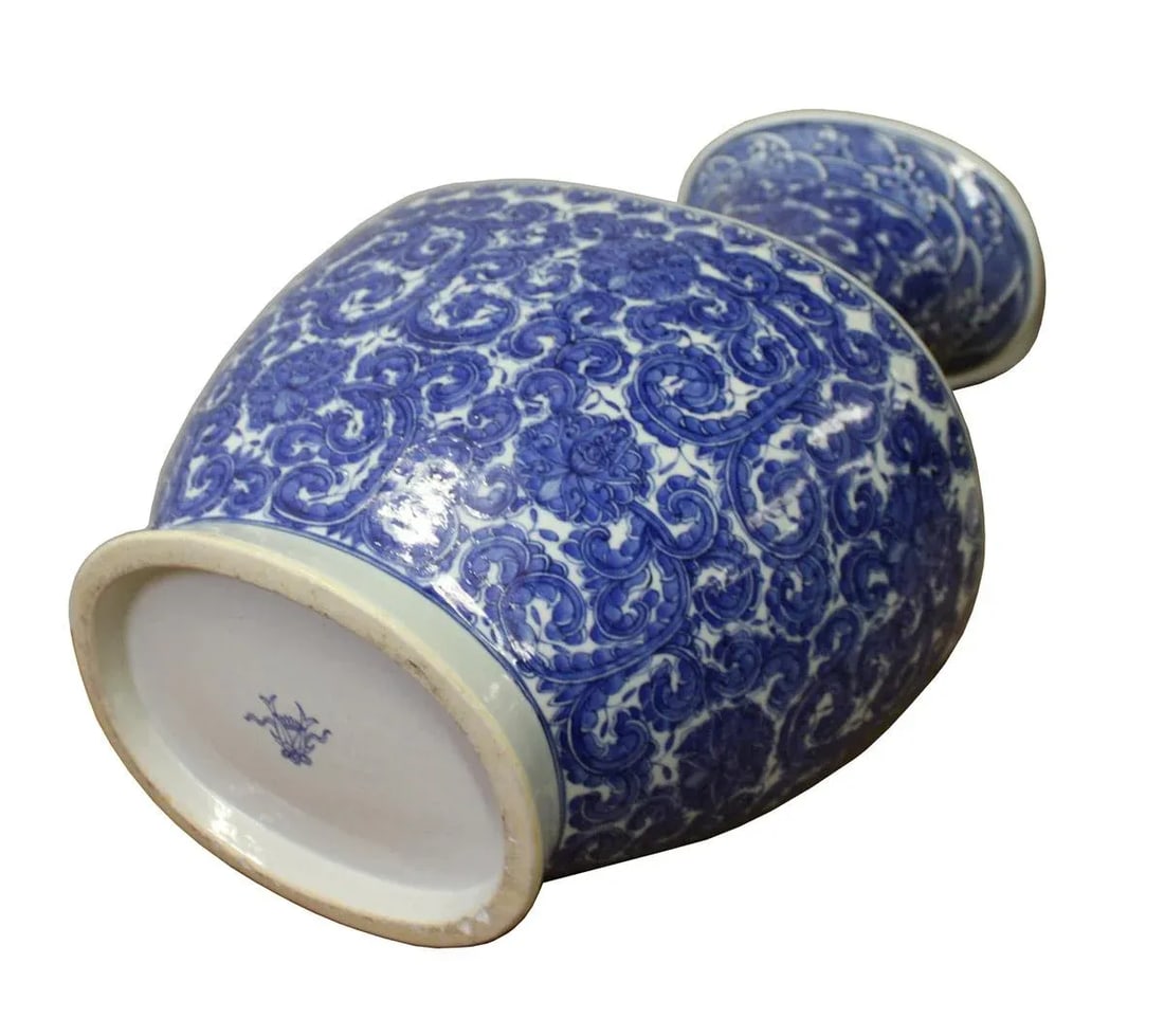 Chinese Blue White Porcelain Scroll Pattern Graphic Wide Body Vase - 5